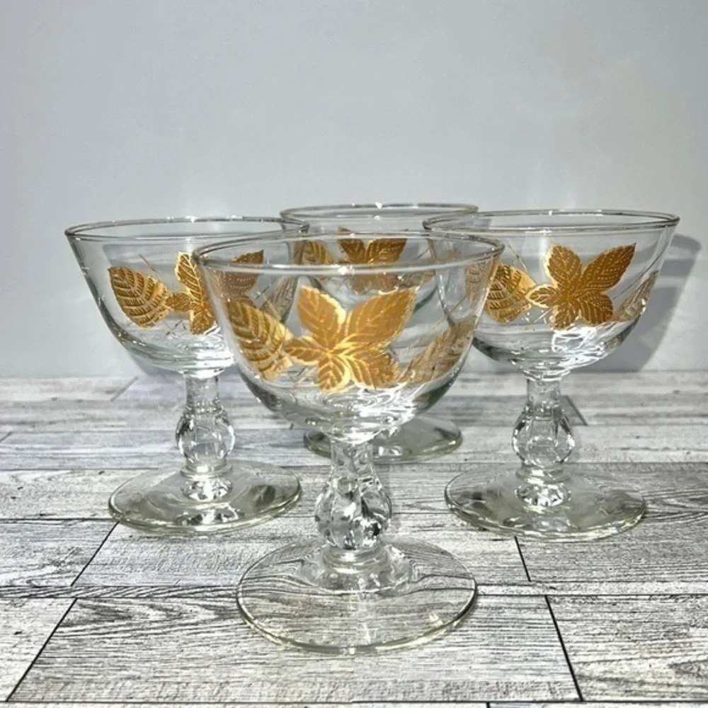 Libbey Mid Century Gold Leaf Stemmed Champagne Glasses Set of 4
